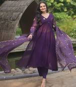 Purple Faux Blooming Kurta Set with Elegant Embroidery & Russian Silk Dupatta – Stylish Festive Wear