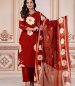 Floral embroidered red round neck kurta set with trouser and dupatta