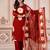 Floral embroidered red round neck kurta set with trouser and dupatta