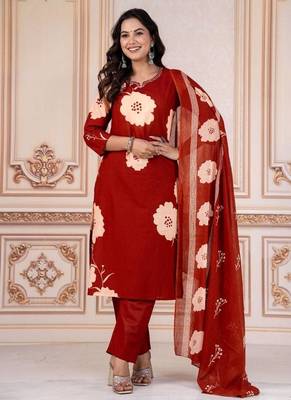 Floral embroidered red round neck kurta set with trouser and dupatta 2