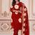 Floral embroidered red round neck kurta set with trouser and dupatta