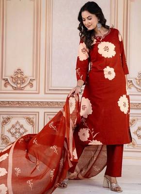 Floral embroidered red round neck kurta set with trouser and dupatta 3