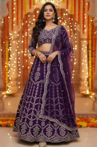 Purple Faux Georgette Wedding Wear Lehenga Choli