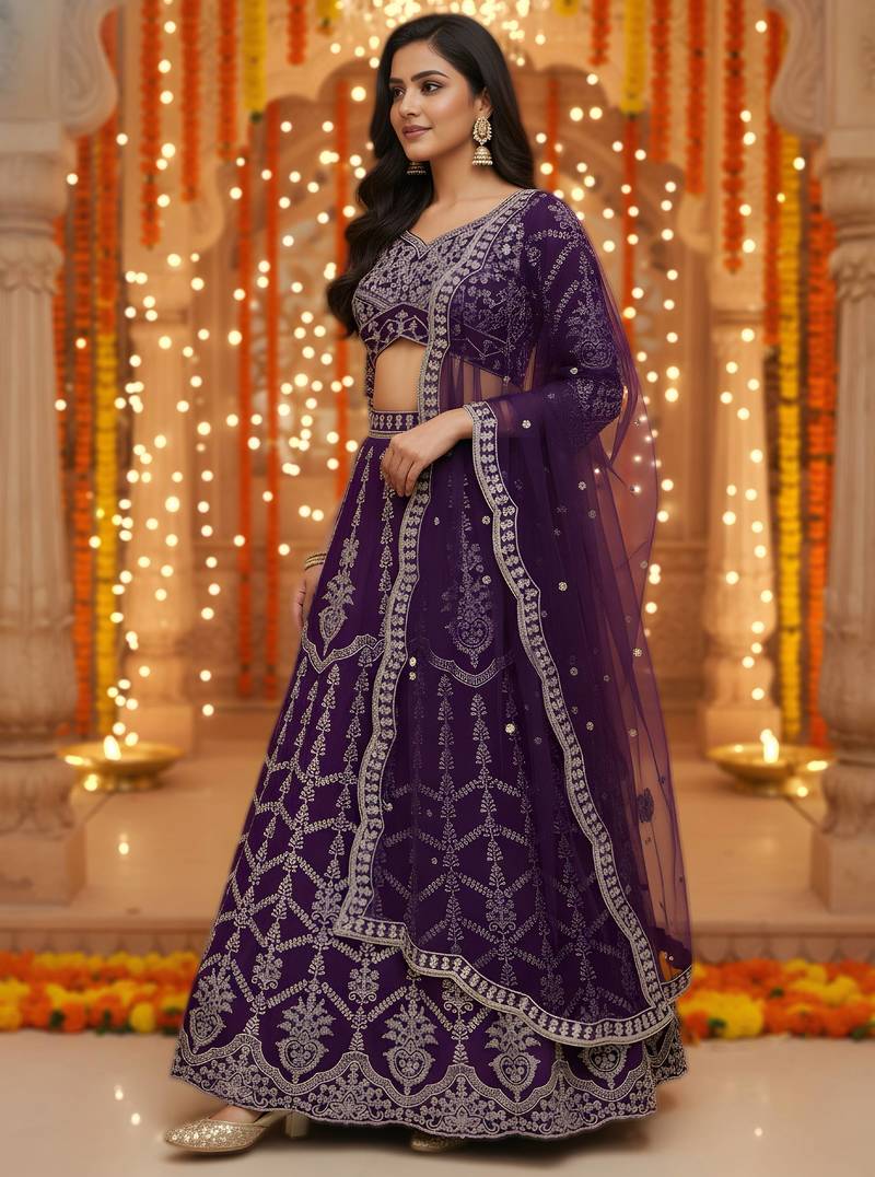 Purple Faux Georgette Wedding Wear Lehenga Choli