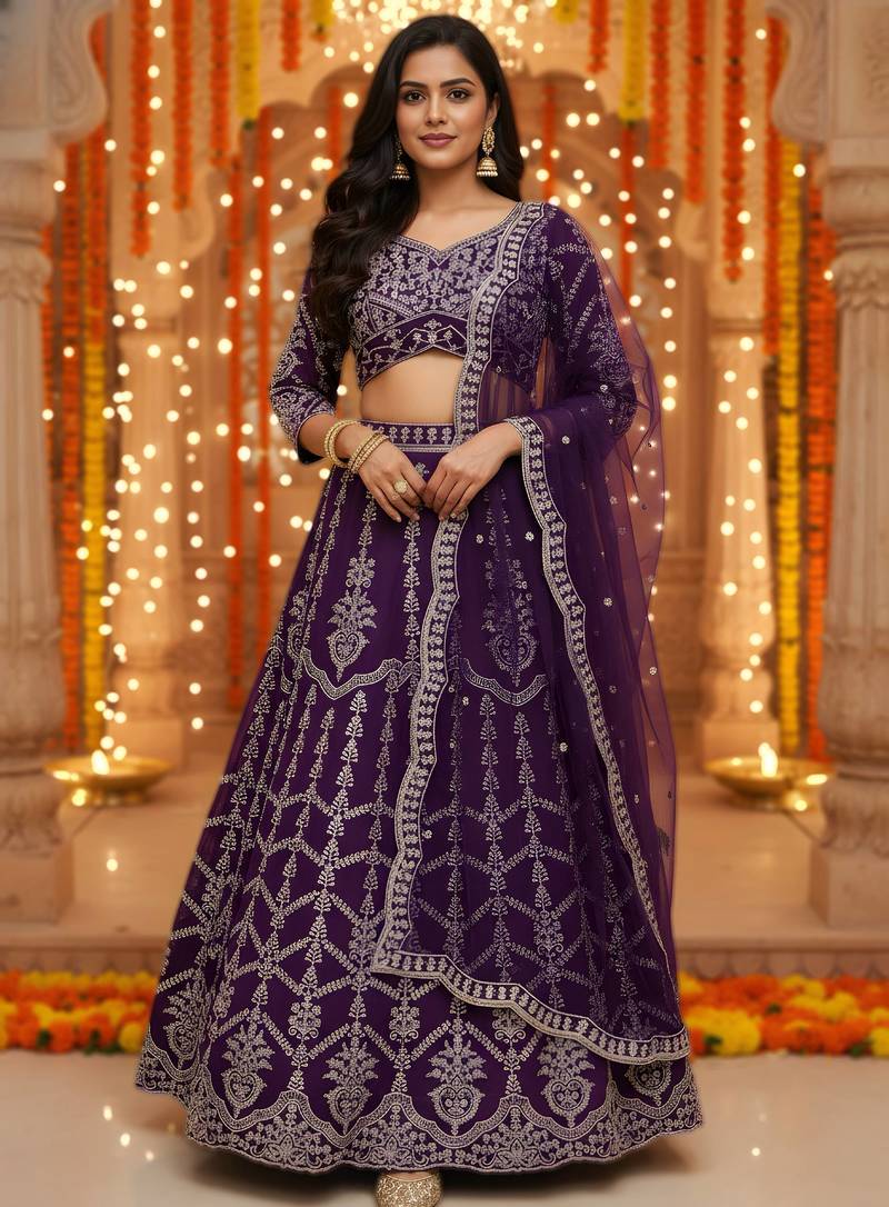 Purple Faux Georgette Wedding Wear Lehenga Choli