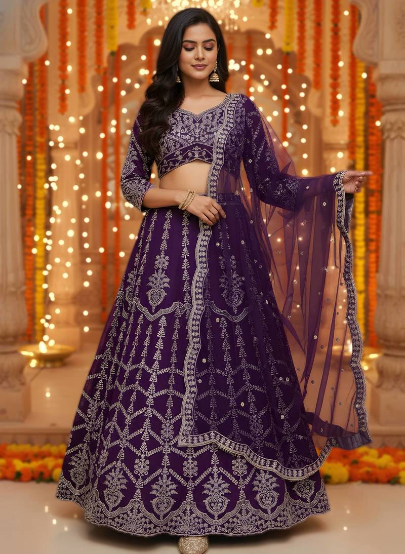 Purple Faux Georgette Wedding Wear Lehenga Choli