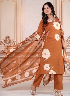 Floral embroidered brown round neck kurta set with trouser and dupatta 1