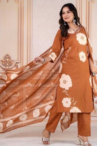 Floral embroidered brown round neck kurta set with trouser and dupatta