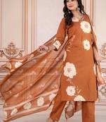 Floral embroidered brown round neck kurta set with trouser and dupatta