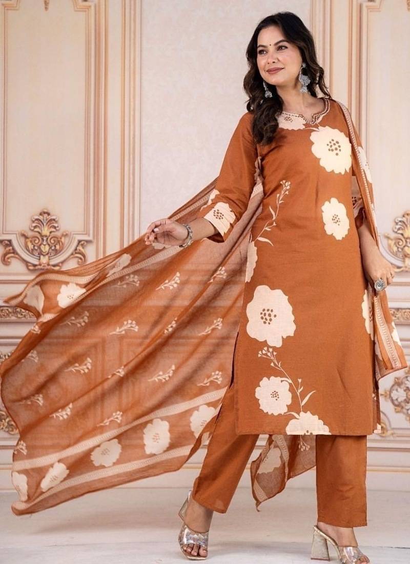 Floral embroidered brown round neck kurta set with trouser and dupatta