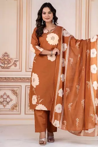 Floral embroidered brown round neck kurta set with trouser and dupatta