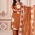 Floral embroidered brown round neck kurta set with trouser and dupatta
