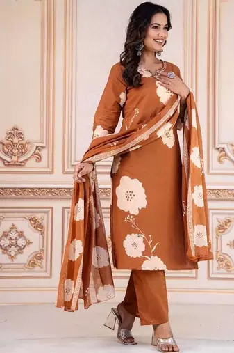 Floral embroidered brown round neck kurta set with trouser and dupatta