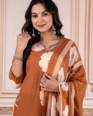 Floral embroidered brown round neck kurta set with trouser and dupatta 4