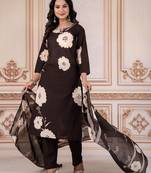 Floral embroidered black round neck kurta set with trouser and dupatta