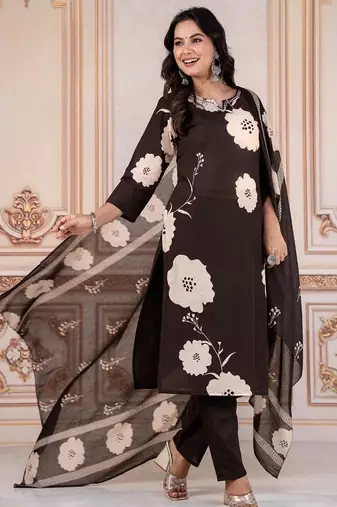 Floral embroidered black round neck kurta set with trouser and dupatta