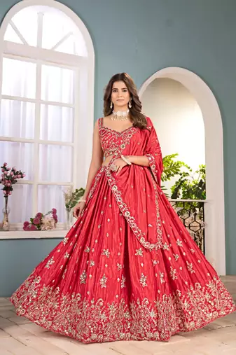 Red Faux Georgette Wedding Wear Lehenga Choli