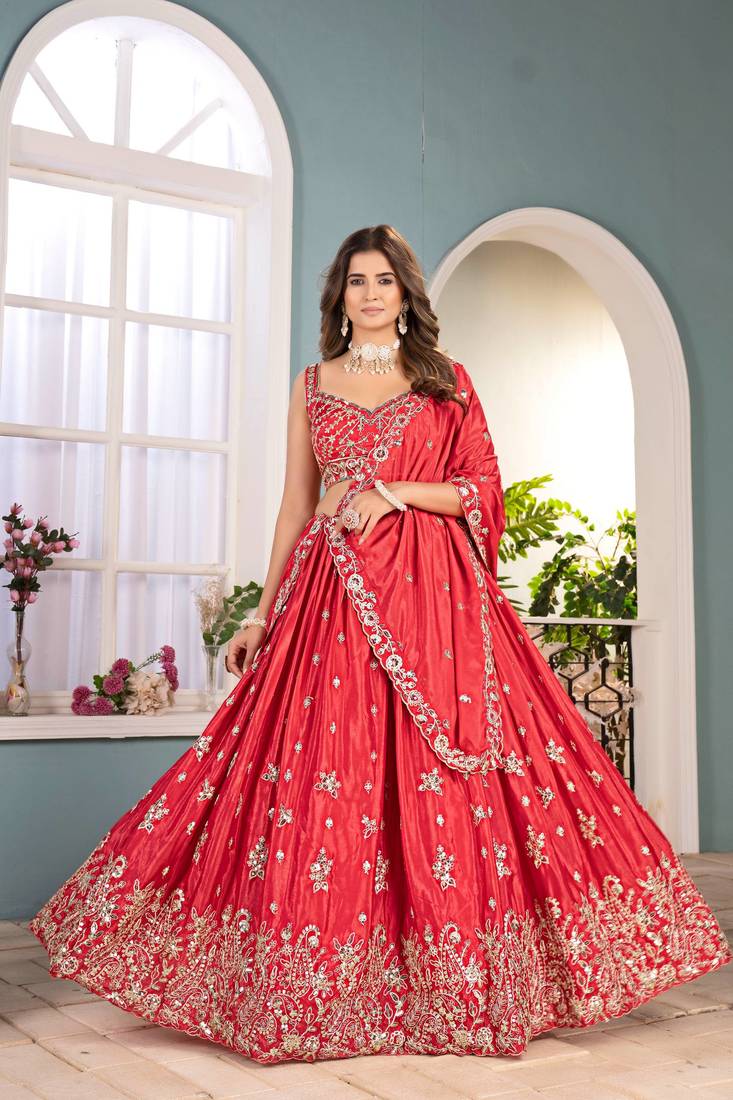 Red Faux Georgette Wedding Wear Lehenga Choli