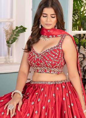 Red Faux Georgette Wedding Wear Lehenga Choli 3