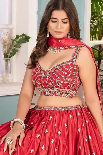 Red Faux Georgette Wedding Wear Lehenga Choli
