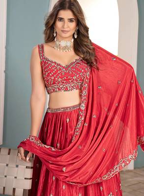 Red Faux Georgette Wedding Wear Lehenga Choli 4
