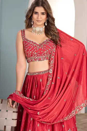 Red Faux Georgette Wedding Wear Lehenga Choli