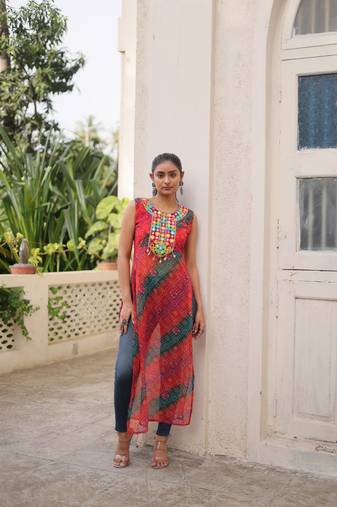 Red Georgette Semi-Stitched Embroidered Kurta – Elegant Festive Wear for Women