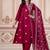 Floral embroidered maroon round neck kurta set with trouser and dupatta