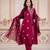 Floral embroidered maroon round neck kurta set with trouser and dupatta