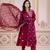 Floral embroidered maroon round neck kurta set with trouser and dupatta