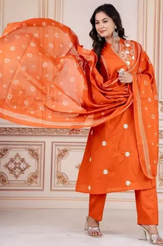 Floral embroidered orange round neck kurta set with trouser and dupatta