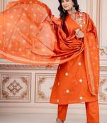 Floral embroidered orange round neck kurta set with trouser and dupatta