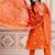 Floral embroidered orange round neck kurta set with trouser and dupatta