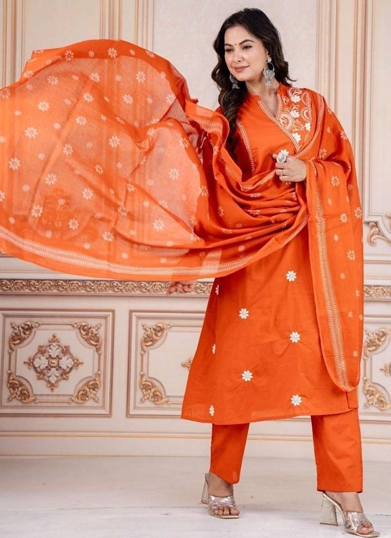 Floral embroidered orange round neck kurta set with trouser and dupatta