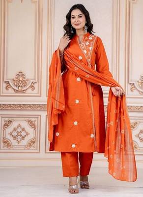Floral embroidered orange round neck kurta set with trouser and dupatta 2