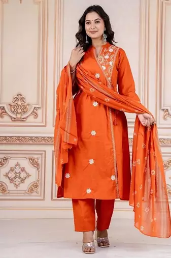 Floral embroidered orange round neck kurta set with trouser and dupatta