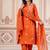 Floral embroidered orange round neck kurta set with trouser and dupatta