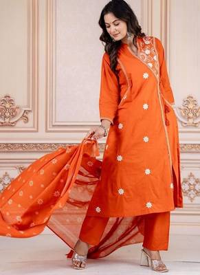 Floral embroidered orange round neck kurta set with trouser and dupatta 3
