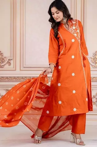 Floral embroidered orange round neck kurta set with trouser and dupatta