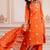 Floral embroidered orange round neck kurta set with trouser and dupatta