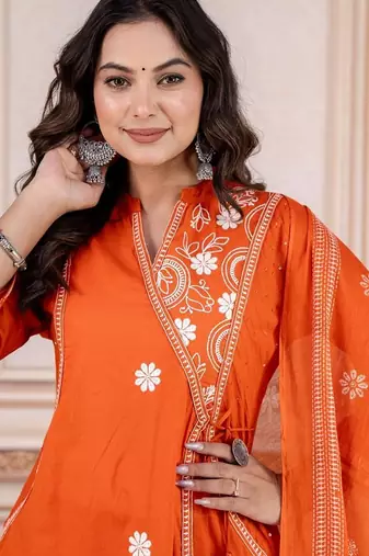 Floral embroidered orange round neck kurta set with trouser and dupatta