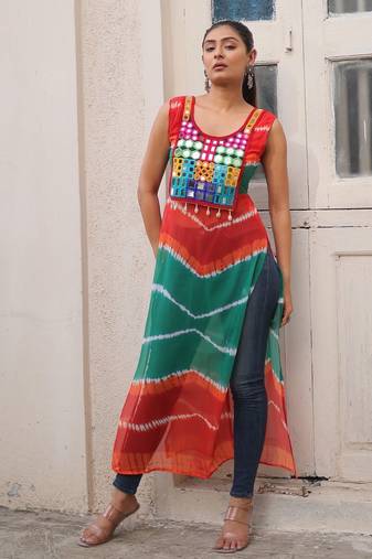 Orange-Green Georgette Semi-Stitched Embroidered Kurta – Elegant Festive & Occasion Wear