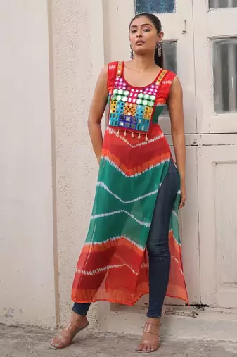 Orange-Green Georgette Semi-Stitched Embroidered Kurta – Elegant Festive & Occasion Wear