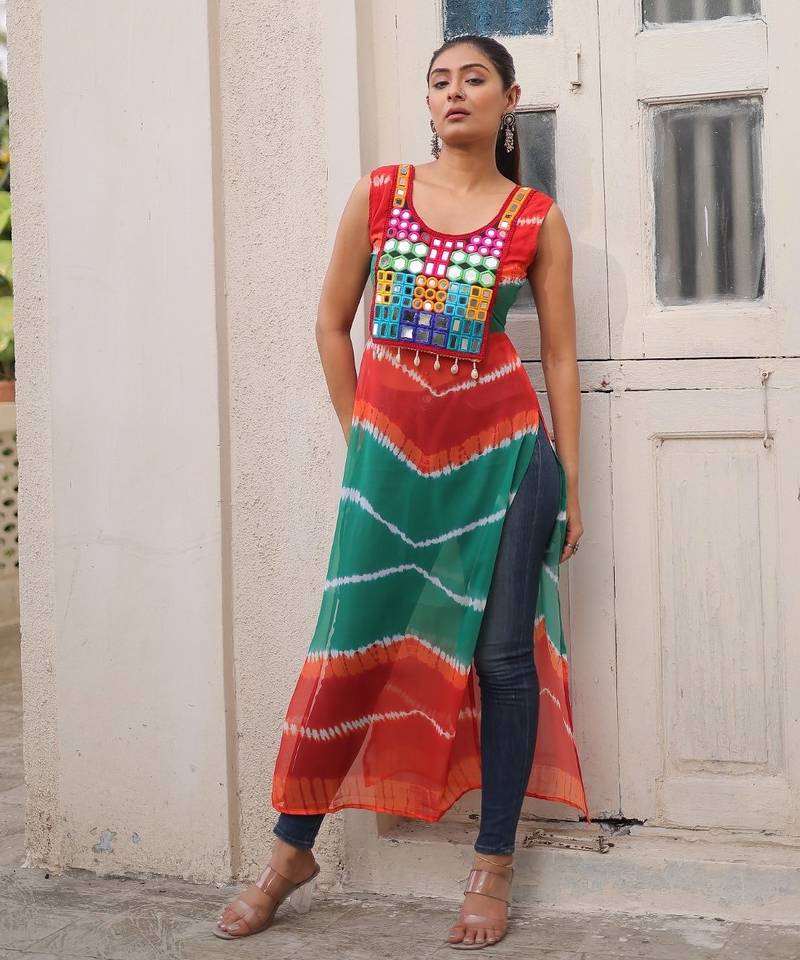 Orange-Green Georgette Semi-Stitched Embroidered Kurta – Elegant Festive & Occasion Wear