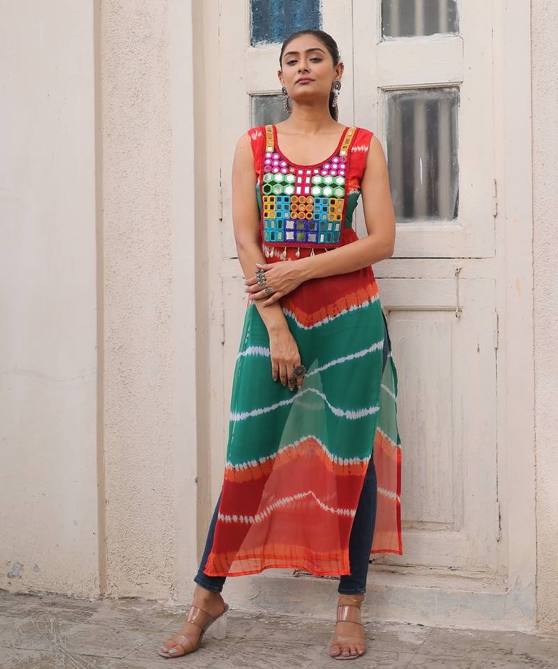 Orange-Green Georgette Semi-Stitched Embroidered Kurta – Elegant Festive & Occasion Wear