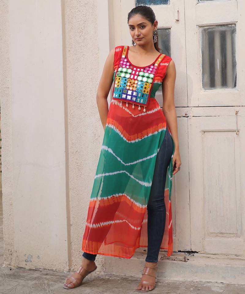 Orange-Green Georgette Semi-Stitched Embroidered Kurta – Elegant Festive & Occasion Wear