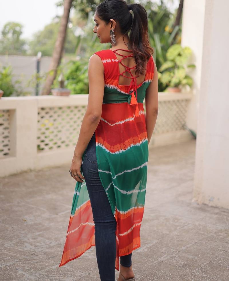 Orange-Green Georgette Semi-Stitched Embroidered Kurta – Elegant Festive & Occasion Wear