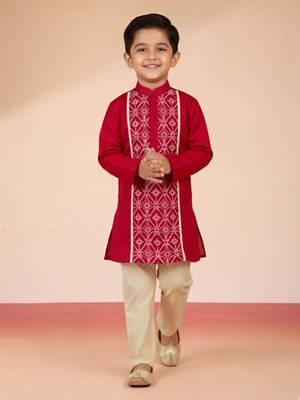 boys    red satin embroidered kurta & pyjama set  1