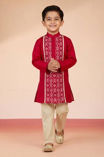 boys’ red satin embroidered kurta & pyjama set 