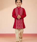 boys’ red satin embroidered kurta & pyjama set 